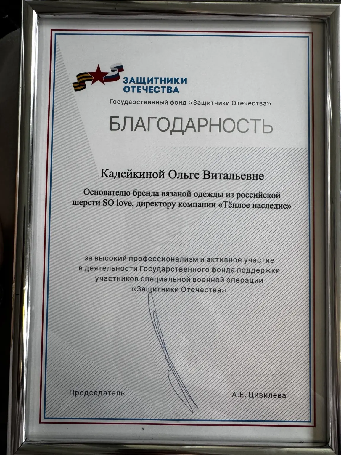 Благодарность Государственного фонда «Защитники Отечества»
